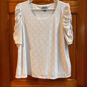CeCe White Eyelet Ruched Sleeve Blouse